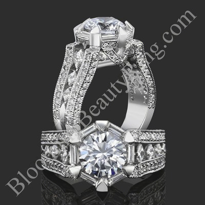 The Queens Crown Low Profile Vintage Inspired Round Engagement Ring – bbr272e – two views