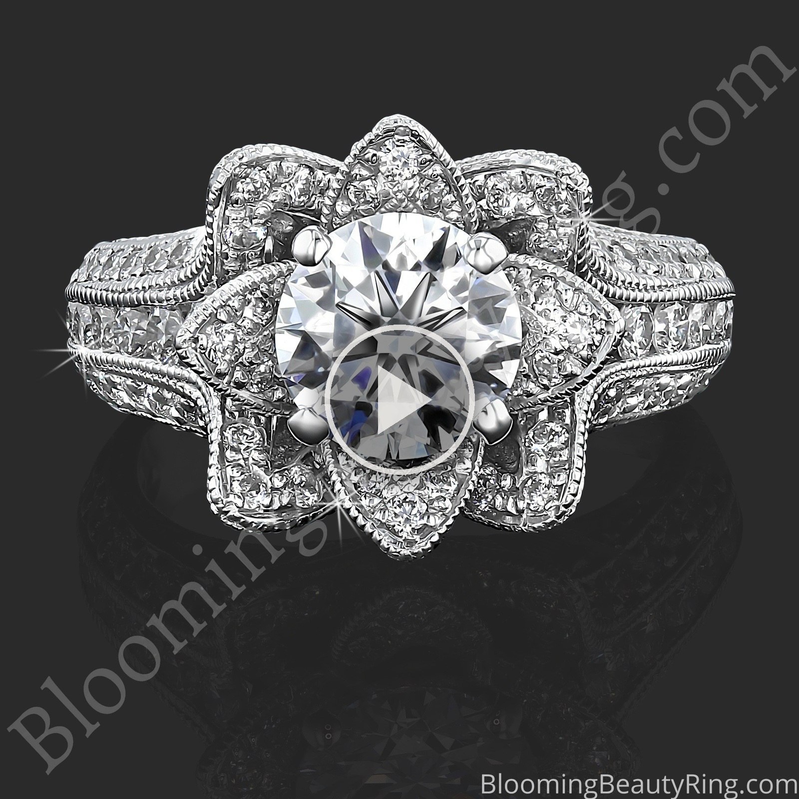 1.37 ctw. Small Hand Engraved Blooming Beauty Engagement Ring – bbr434en-s laying down video