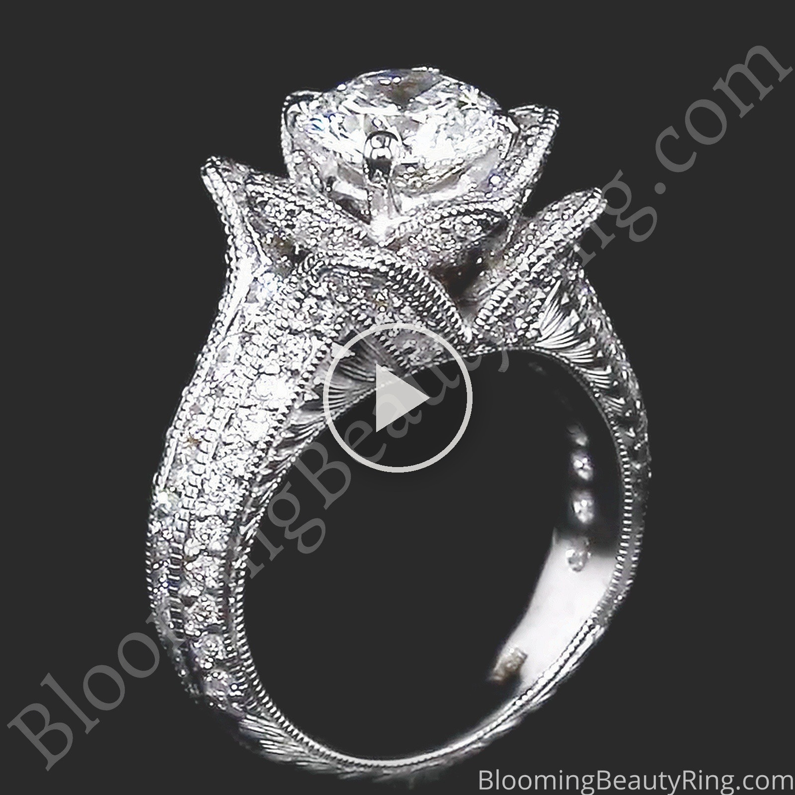 1.37 ctw. Small Hand Engraved Blooming Beauty Engagement Ring – bbr434en-s standing up high angle video