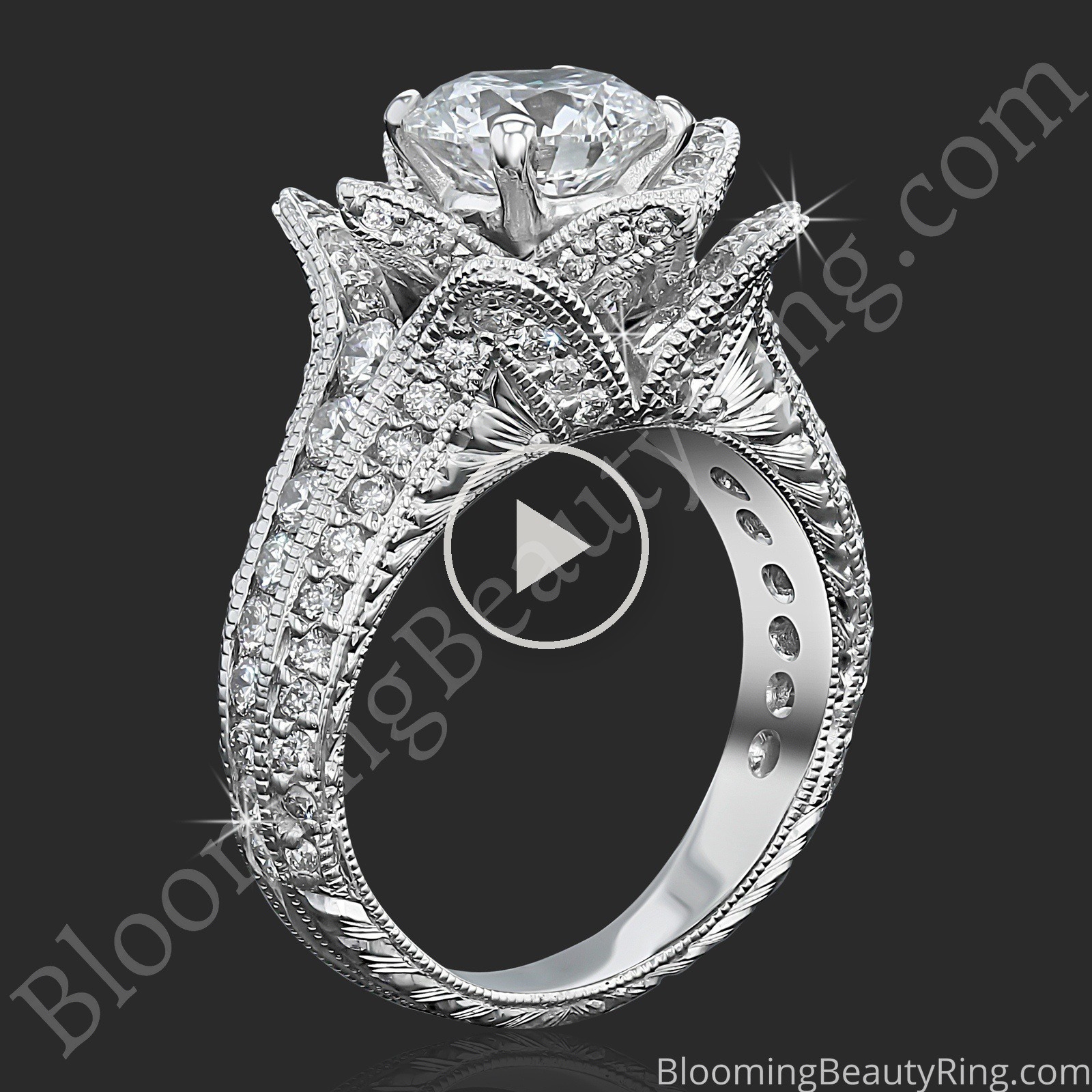 1.37 ctw. Small Hand Engraved Blooming Beauty Engagement Ring – bbr434en-s standing up video