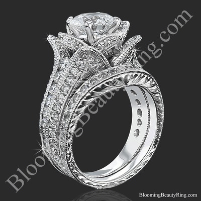 1.67 ctw. Small Hand Engraved Blooming Beauty Wedding Ring Set