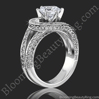 Side view of the Swept Off Your Feet .92 ctw diamond engagement ring, round center diamond rising above its curved diamond-covered frame and open band; custom made in any precious metal