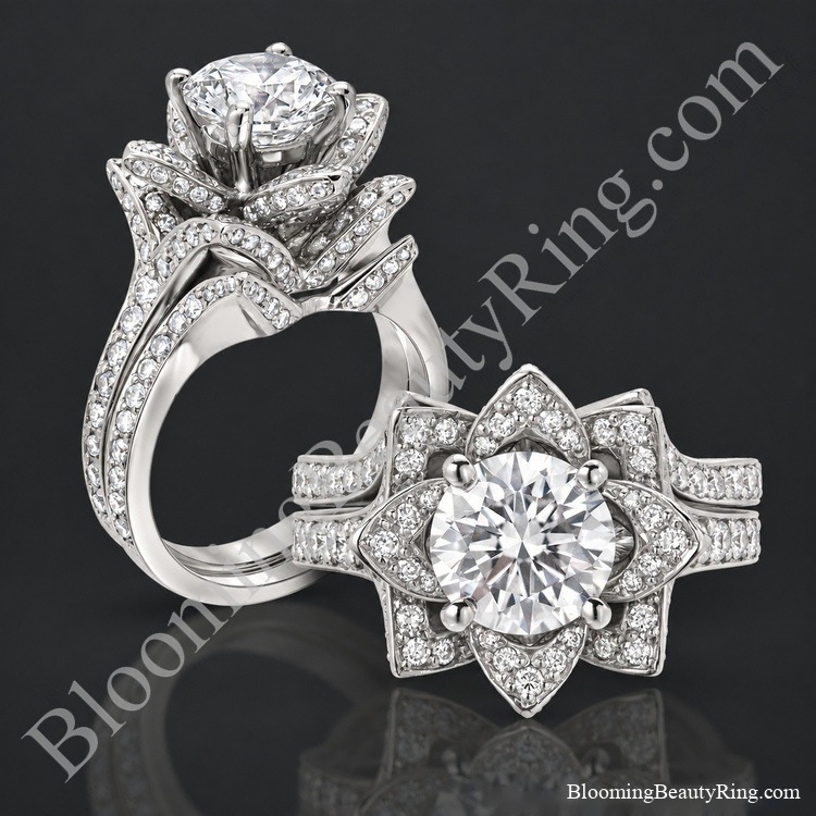 The Large Crimson Rose Flower Diamond Engagement Ring Set – bbr607-set