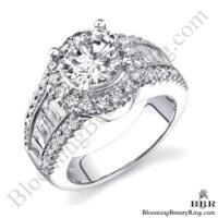 The Heavenly Halo engagement ring with tapered baguettes flanking a round diamond halo - bbr291