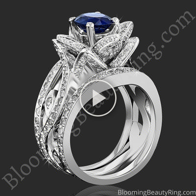 The Large Lotus Swan Double Band Flower Ring Set – bbr626-1 with a blue sapphire center standing up video