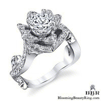 The Lotus Swan flower engagement ring, nature inspired diamond petals opening around a round center over a leafy vine band - bbr630