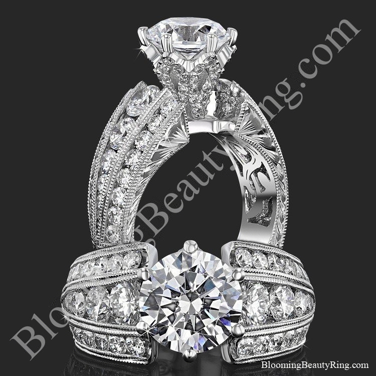 The Trinity Crest thick band engagement ring standing up and laying down, with three rows of round diamonds on each side and a diamond paved crown, BBR505A