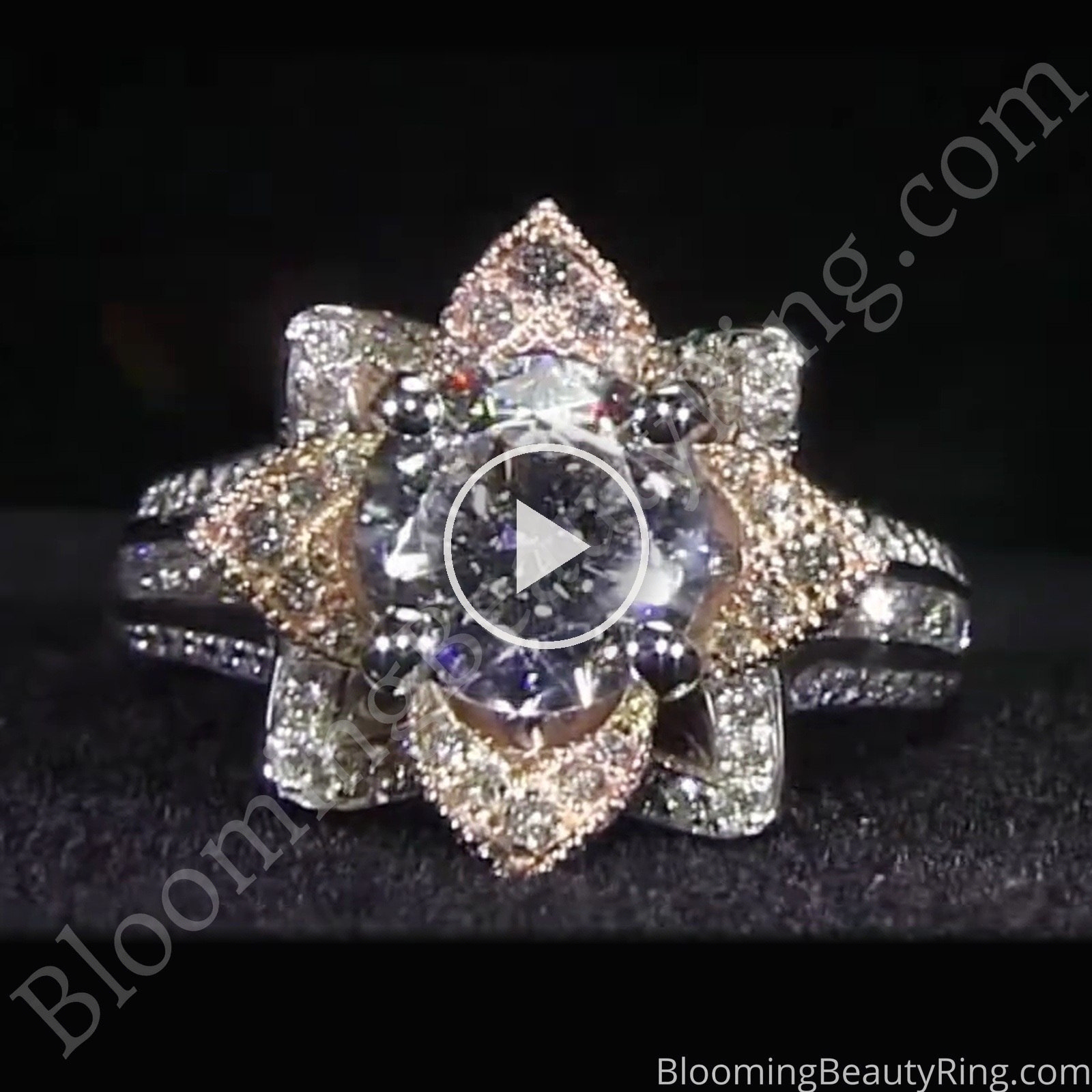 Two Toned Rose Gold and White Blooming Beauty Flower Ring – bbr434ttr laying down video (the engagement ring of set bbr434ttrset)