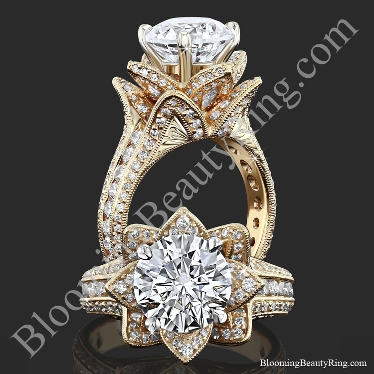 1.78ctw Yellow Gold Large Hand Engraved Blooming Beauty Flower Diamond Engagement Ring – bbr434ygen collage, standing up and laying down