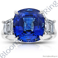 12.60 Carat Cushion Vivid Blue Sapphire 3 Stone Trap Ring