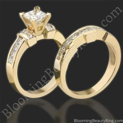 2 Carat Channel Set 4 Prong Princess Diamond Engagement Ring Set, engagement ring and matching wedding band standing up, BBRNW2029