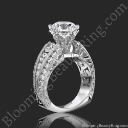 Round diamond crown engagement ring standing up, hand engraved sides with pave diamonds and milgrain edging - bbr505a