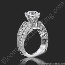 Round diamond crown engagement ring standing up, hand engraved sides with pave diamonds and milgrain edging - bbr505a