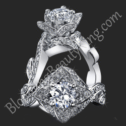 Lotus Ring with Leaves .90 ctw. Diamond Flower Ring