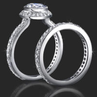 Jewelers Affordably Priced Round Bezel Set Halo Engagement Rings with Pave Set Diamonds