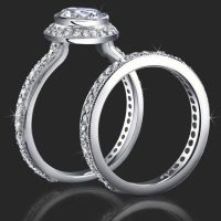 Jewelers Affordably Priced Round Bezel Set Halo Engagement Rings with Pave Set Diamonds