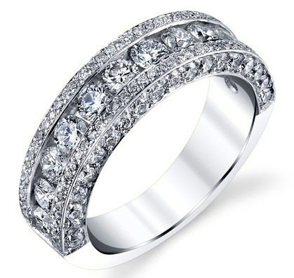 Wide diamond wedding band with a center row of round diamonds between pavé rows, bbr679b