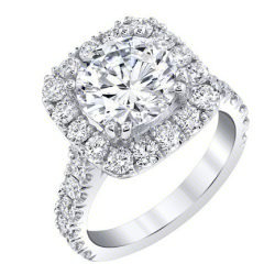 Round diamond in a cushion shaped halo engagement ring with pave set diamonds down a split band - BBR724E