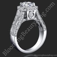 Baguette and Round Halo Style Diamond Engagement Ring with Large Peekaboo Side Diamonds