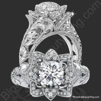 Diamond Embossed Blooming Rose Engagement Ring with Etched Carvings
