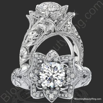 Diamond Embossed Blooming Rose Engagement Ring with Etched Carvings