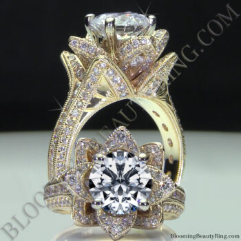 Yellow Gold Large Hand Engraved Blooming Beauty Flower Diamond Engagement Ring