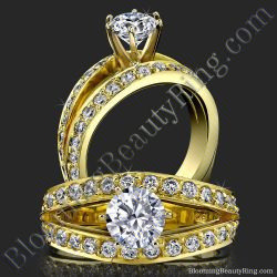 Round diamond engagement ring in yellow gold with a full split shank and two rows of pave set diamonds along the softly squared band - bbr409