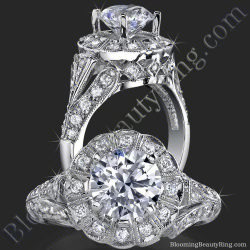 Antique inspired vintage engagement ring with a round center diamond raised in a scalloped halo, hand carved shoulders and pave set diamonds down a tapered band - bbr6709