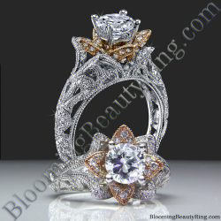 Art Carved Blooming Rose Flower Engagement Ring with Rose Gold Petals