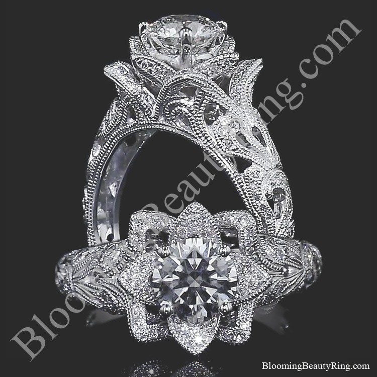 Art Carved Blooming Rose Flower Engagement Ring with Diamond Accents