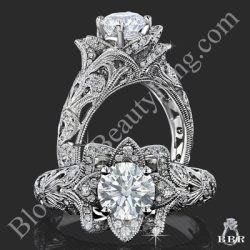 Art Carved Blooming Rose Flower Engagement Ring with Diamond Accents