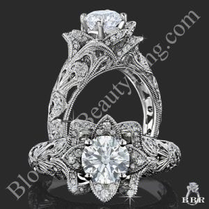 Art Carved Blooming Rose Flower Engagement Ring with Diamond Accents