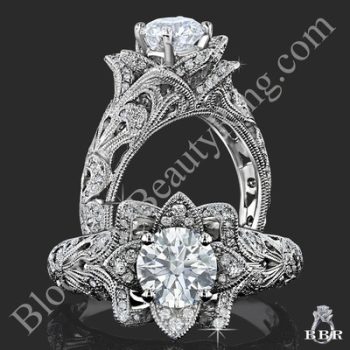 Art Carved Blooming Rose Flower Engagement Ring with Diamond Accents