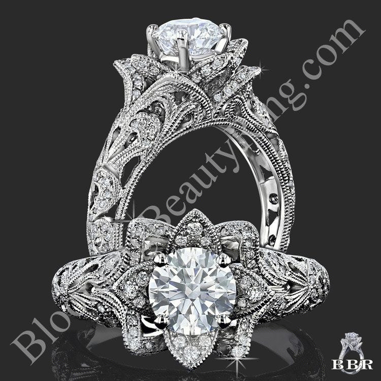Art Carved Blooming Rose Flower Engagement Ring with Diamond Accents