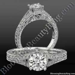 Princess cut diamond engagement ring with a hand carved split shank, scroll work down the sides and pave set diamonds along both edges - bbrnw3533