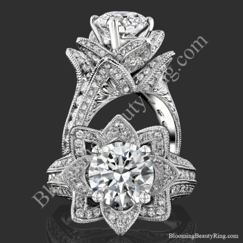 Two views of the large hand engraved blooming beauty flower engagement ring, standing and face on - bbr434en