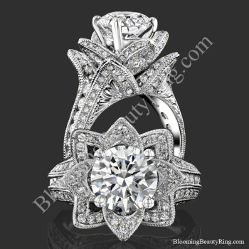 Two views of the large hand engraved blooming beauty flower engagement ring, standing and face on - bbr434en