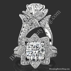 Two views of the large hand engraved blooming beauty flower engagement ring, standing and face on - bbr434en