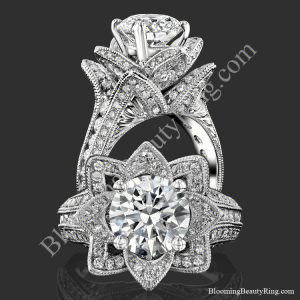 Two views of the large hand engraved blooming beauty flower engagement ring, standing and face on - bbr434en