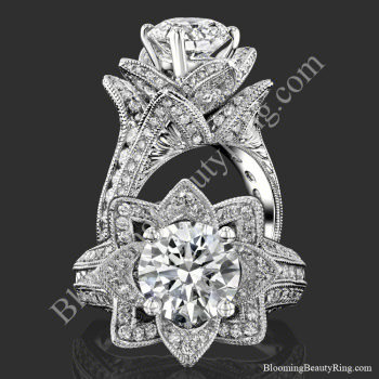Two views of the large hand engraved blooming beauty flower engagement ring, standing and face on - bbr434en