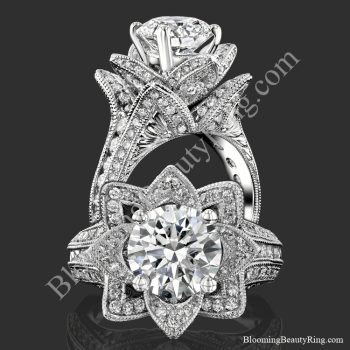 Two views of the large hand engraved blooming beauty flower engagement ring, standing and face on - bbr434en