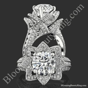 Two views of the large hand engraved blooming beauty flower engagement ring, standing and face on - bbr434en
