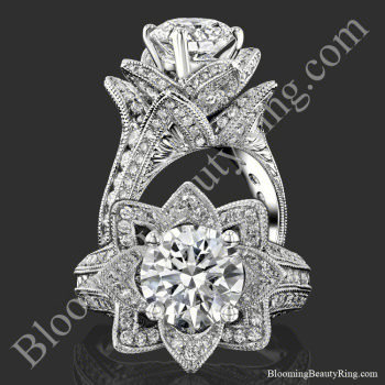 Two views of the large hand engraved blooming beauty flower engagement ring, standing and face on - bbr434en