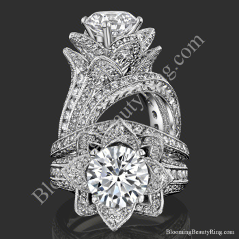 Two views of the large hand engraved blooming beauty flower engagement ring with its matching wedding band - bbr434en-set