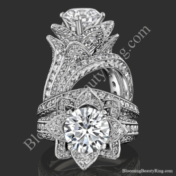 Two views of the large hand engraved blooming beauty flower engagement ring with its matching wedding band - bbr434en-set