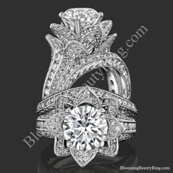 Two views of the large hand engraved blooming beauty flower engagement ring with its matching wedding band - bbr434en-set