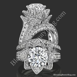 Two views of the large hand engraved blooming beauty flower engagement ring with its matching wedding band - bbr434en-set