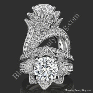 Two views of the large hand engraved blooming beauty flower engagement ring with its matching wedding band - bbr434en-set