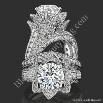 Two views of the large hand engraved blooming beauty flower engagement ring with its matching wedding band - bbr434en-set