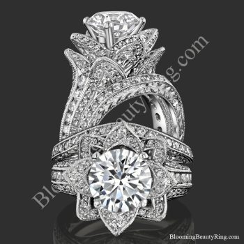 Two views of the large hand engraved blooming beauty flower engagement ring with its matching wedding band - bbr434en-set